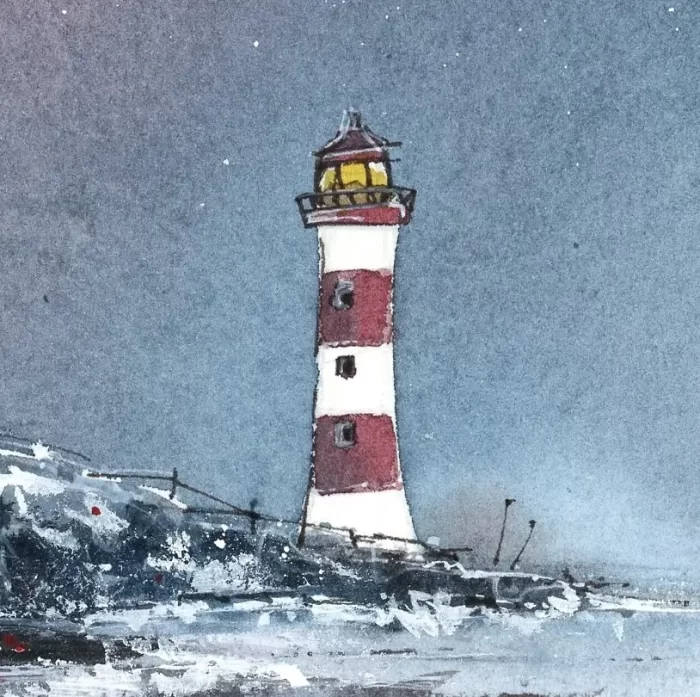 "Starry Night - Lighthouse" - Original Watercolour & Pen Artwork. - Image 3