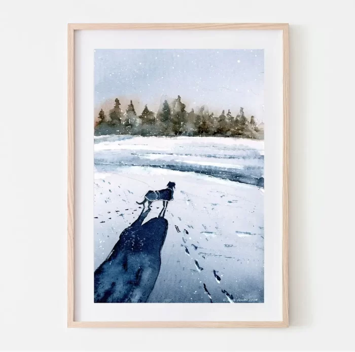 "MORNING WALK" Watercolour snow scene - A4 Art Print