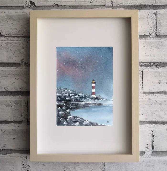 "Starry Night - Lighthouse" - Original Watercolour & Pen Artwork.