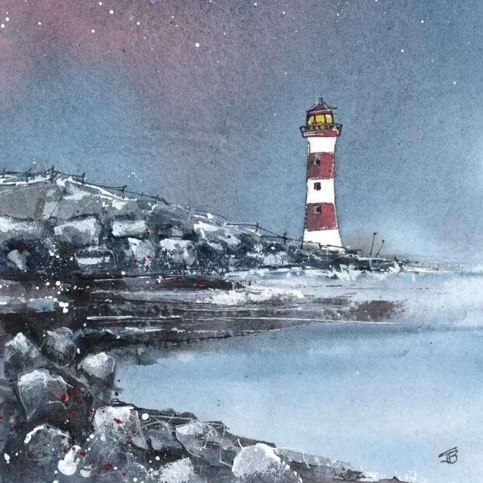 "Starry Night - Lighthouse" - Original Watercolour & Pen Artwork. - Image 2