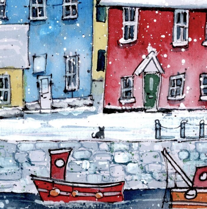 "Winter Harbour" - Original Watercolour & Pen Artwork. - Image 4