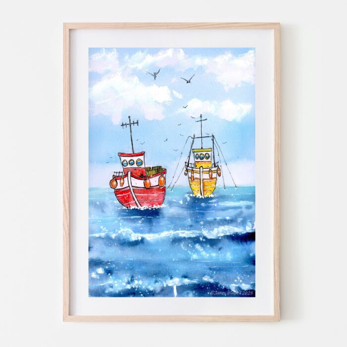 "Bobbing Along" Watercolour & Pen Coastal Scene - A4 Art Print