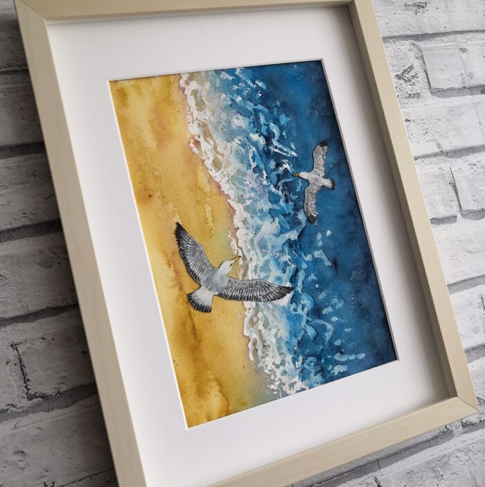 "Soaring Seagulls" Watercolour coastal scene - A4 Art Print - Image 3