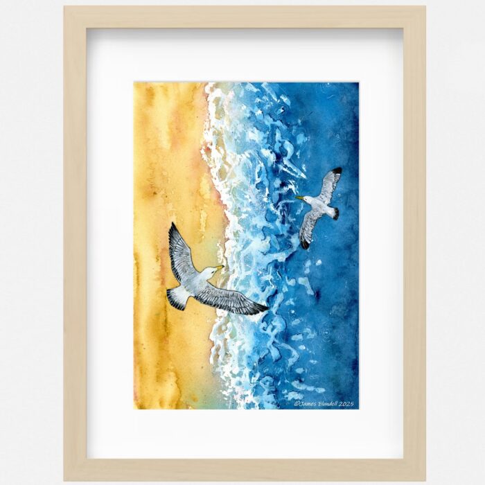 "Soaring Seagulls" Watercolour coastal scene - A4 Art Print