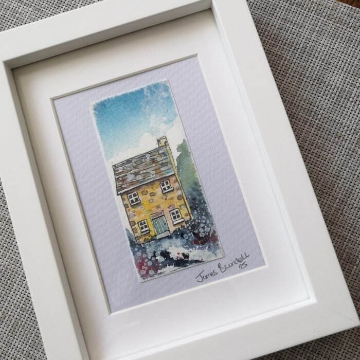 "Cat Cottage" - Original Watercolour & Pen Artwork, Miniature scene.
