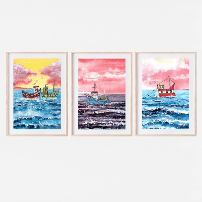 Three Print Set "Fishing Friends" Watercolour Coastal Art - A5 size