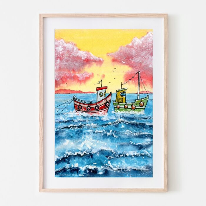 "Fishing Friends" Watercolour Coastal Scene - A5 or A4 Art Print