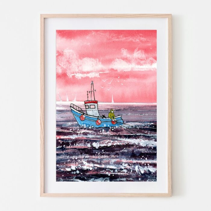 "Twilight Trawl" Watercolour Coastal Scene - A5 Art Print