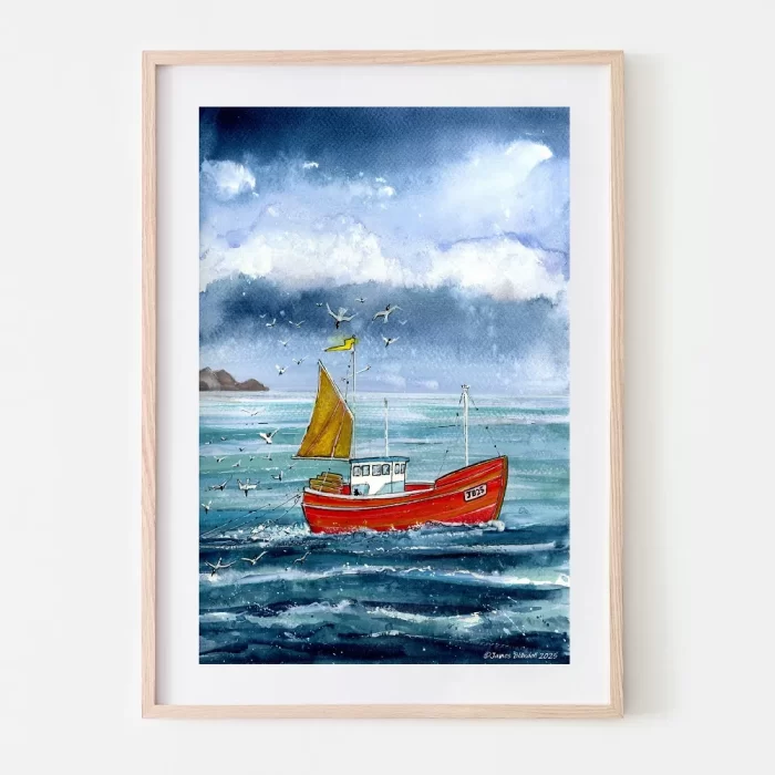 "Boat, Bait, Beaks" Watercolour Coastal Scene - Art Print
