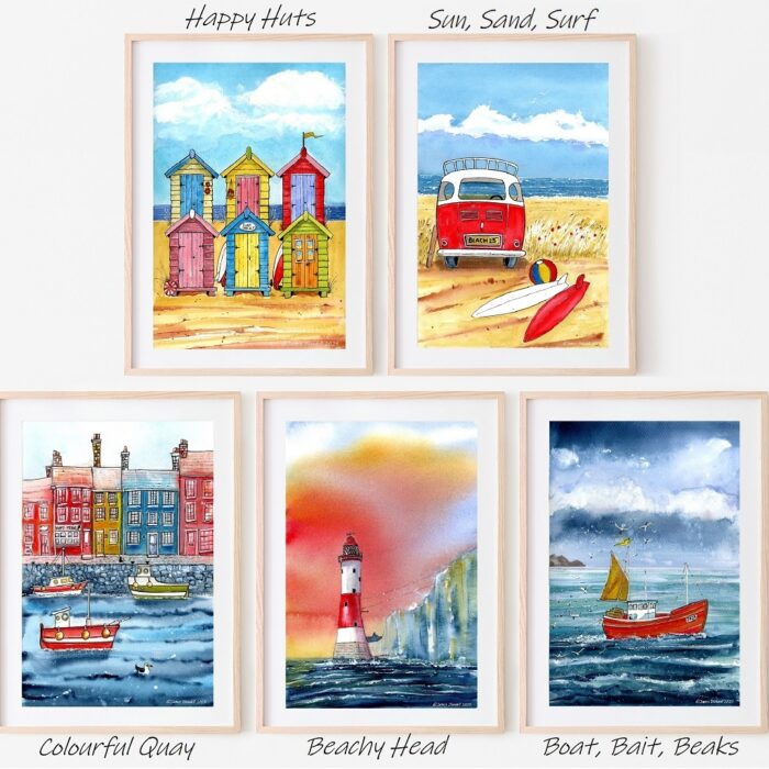 Five Print Set "Quirky Coastal" - Watercolour Coastal Art