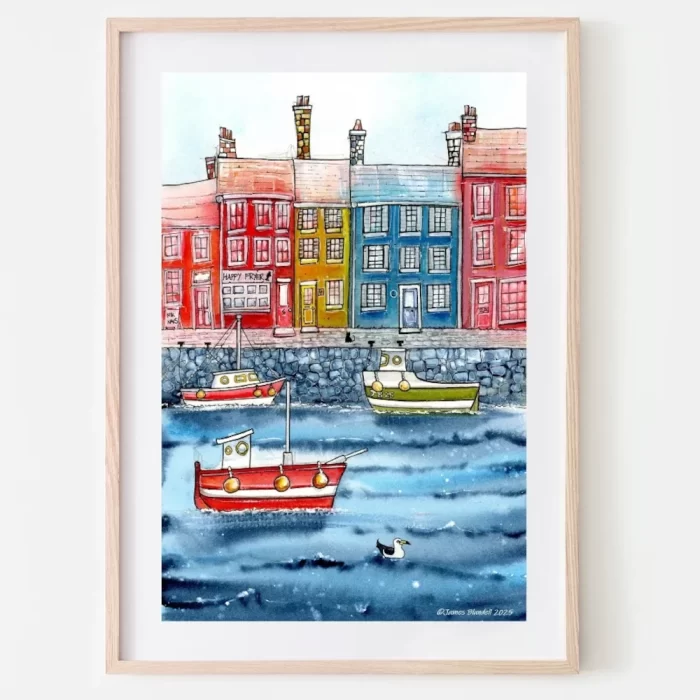 "Colourful Quay" Watercolour Coastal Scene - Art Print