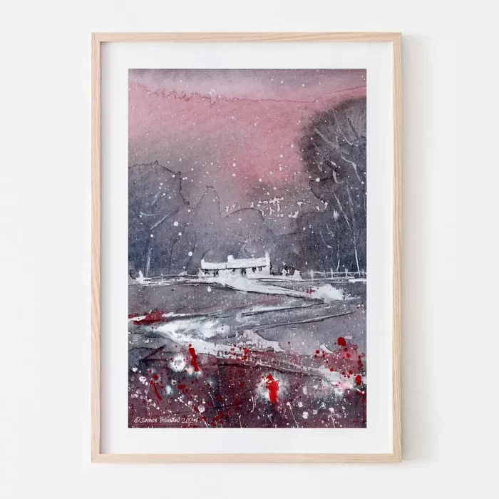 "Cosy Cabin" Watercolour Winter Scene - Art Print