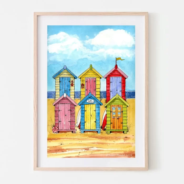 "Happy Huts" Watercolour Coastal Scene - Art Print
