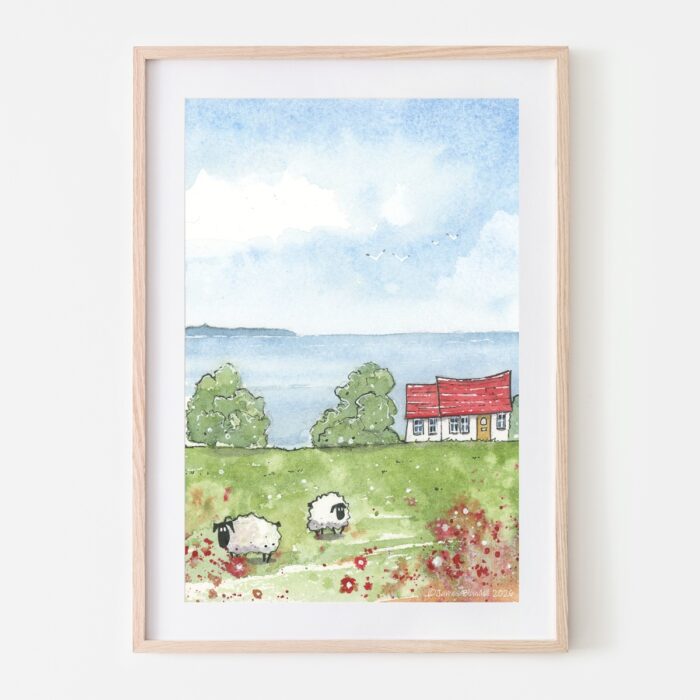 "Ewe & Me, By The Sea" Watercolour coastal scene - A4 Art Print